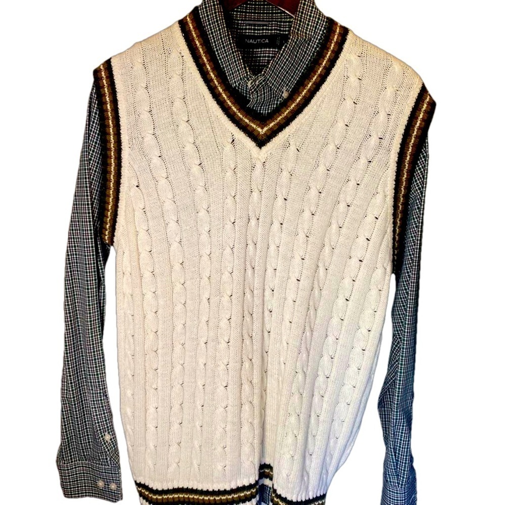 Men’s British Khaki cable knit sweater vest and nautical shirt BUNDLE size L